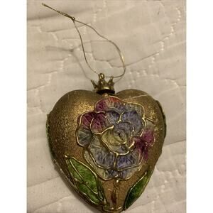 Gold Leaf Flowers Heart Shaped Hanging Ornament With Crown Christmas Holiday
